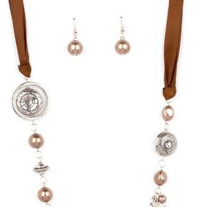 PAPARAZZI "ALL THE TRIMMINGS" BROWN BLOCKBUSTER NECKLACE & EARRING SET